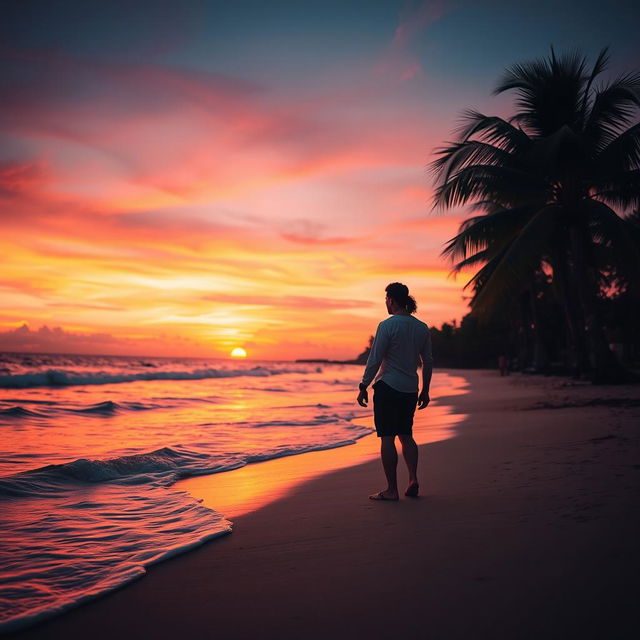 A romantic setting with a couple holding hands on a beach during sunset