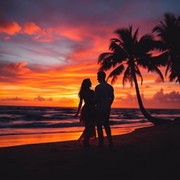 A romantic setting with a couple holding hands on a beach during sunset