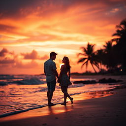 A romantic setting with a couple holding hands on a beach during sunset