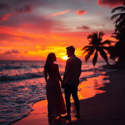 A romantic setting with a couple holding hands on a beach during sunset