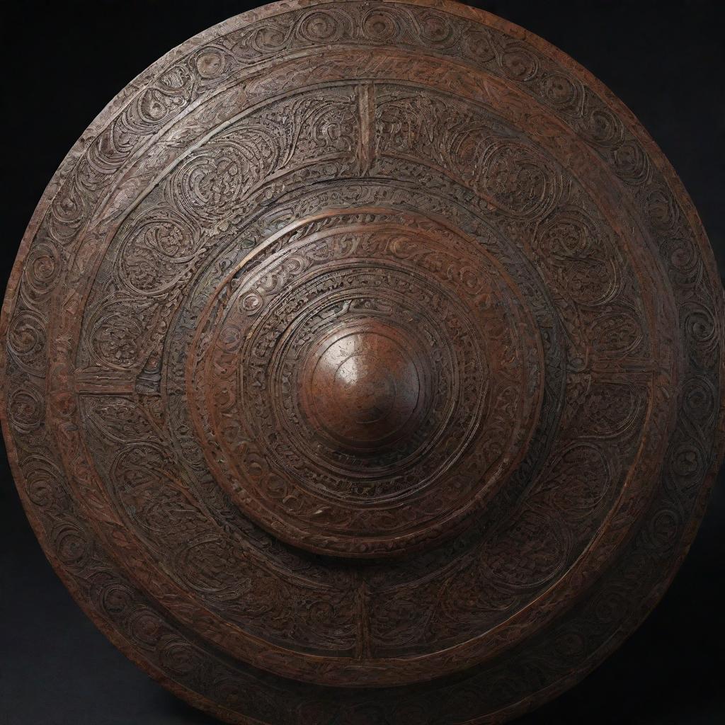 A photorealistic 3D model of a traditional Filipino kalasag shield, brilliantly wrought with intricate designs and motifs native to its origin.