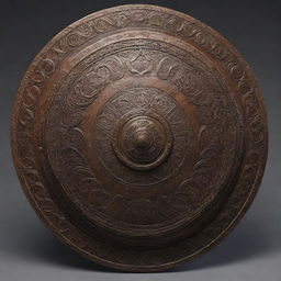 A photorealistic 3D model of a traditional Filipino kalasag shield, brilliantly wrought with intricate designs and motifs native to its origin.