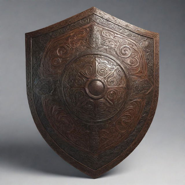 A photorealistic 3D model of a traditional Filipino kalasag shield, brilliantly wrought with intricate designs and motifs native to its origin.