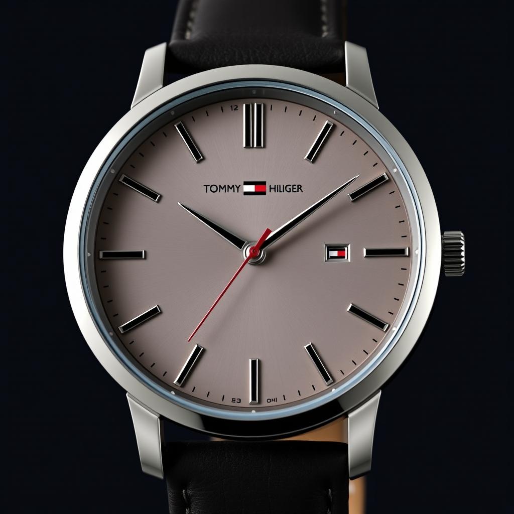 A sleek and modern analog watch design featuring the Tommy Hilfiger logo