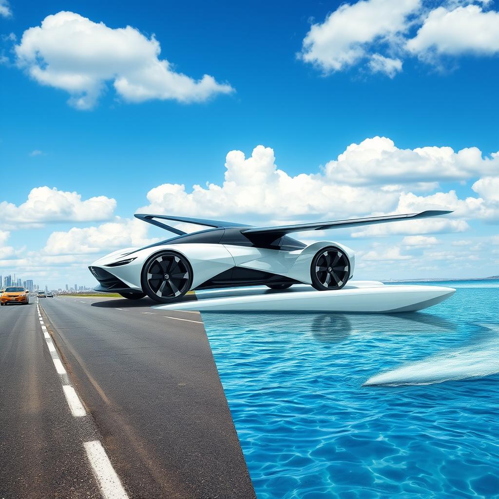 futuristic car seamlessly traversing road, sky, and water