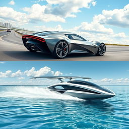 futuristic car seamlessly traversing road, sky, and water