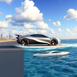 futuristic car seamlessly traversing road, sky, and water