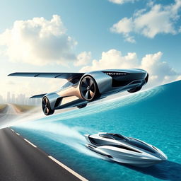 futuristic car seamlessly traversing road, sky, and water