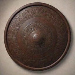 A photorealistic 3D model of a traditional Filipino kalasag shield, brilliantly wrought with intricate designs and motifs native to its origin.