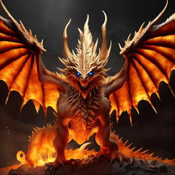 Generate a hyperrealistic image of a mighty, dragon-like creature with vibrant orange scales, gleaming blue eyes, a winged silhouette, and a fiercely flaming tail; evoking a sense of majestic intimidation.