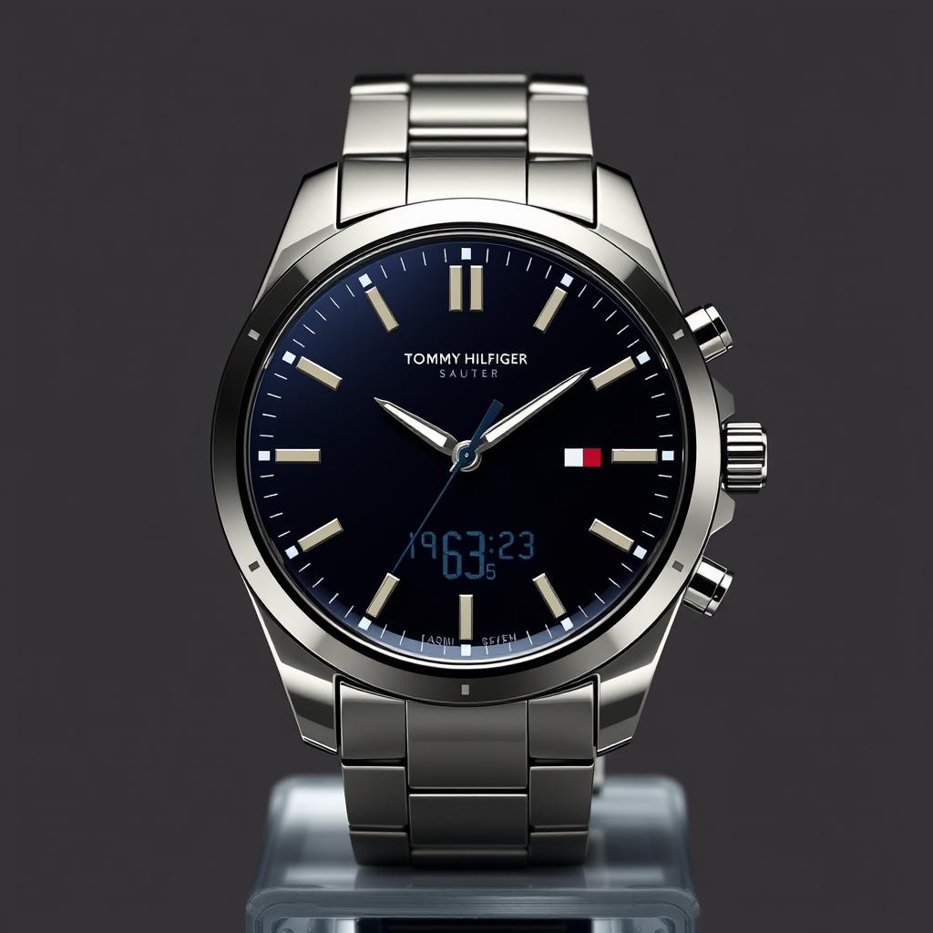 A luxurious and modern Tommy Hilfiger watch design, featuring a sleek and minimalistic face without any clock hands