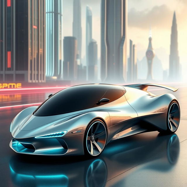 A futuristic car with an aerodynamic shape resembling a jet, featuring sleek lines and smooth curves that emphasize speed and efficiency