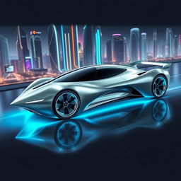 A futuristic car with an aerodynamic shape resembling a jet, featuring sleek lines and smooth curves that emphasize speed and efficiency