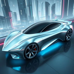 A futuristic car with an aerodynamic shape resembling a jet, featuring sleek lines and smooth curves that emphasize speed and efficiency