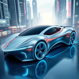 A futuristic car with an aerodynamic shape resembling a jet, featuring sleek lines and smooth curves that emphasize speed and efficiency