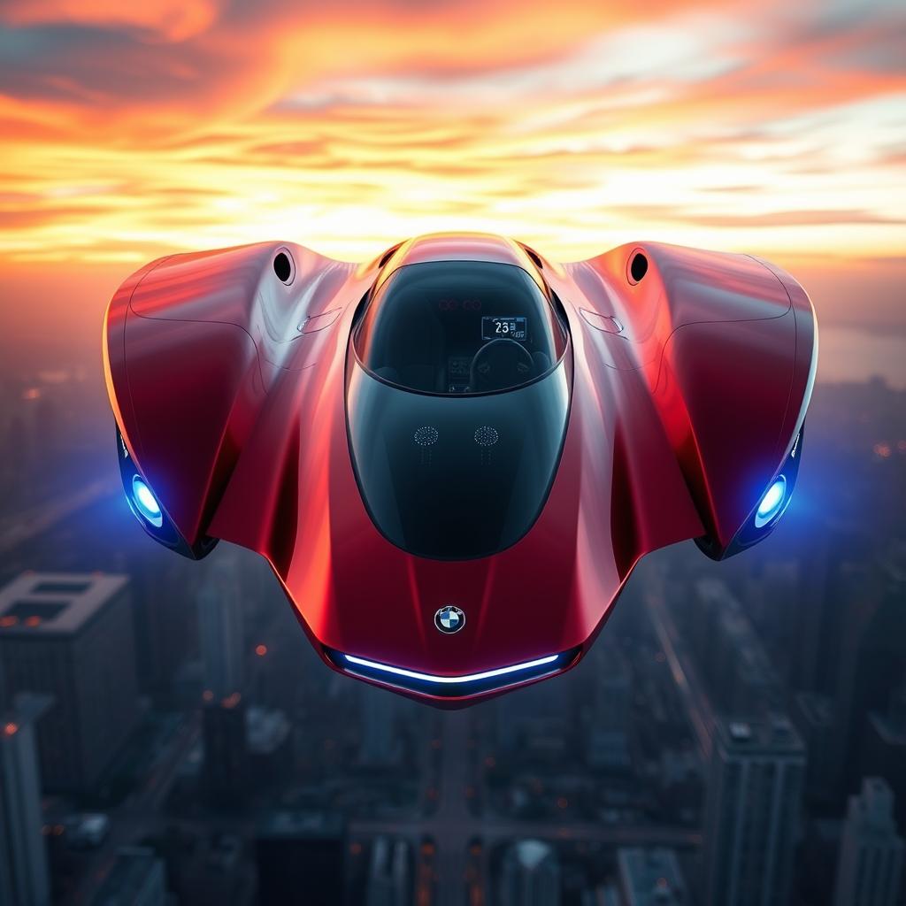 A visionary design of an iconic flying car, blending elements of classic car aesthetics with futuristic aviation technology