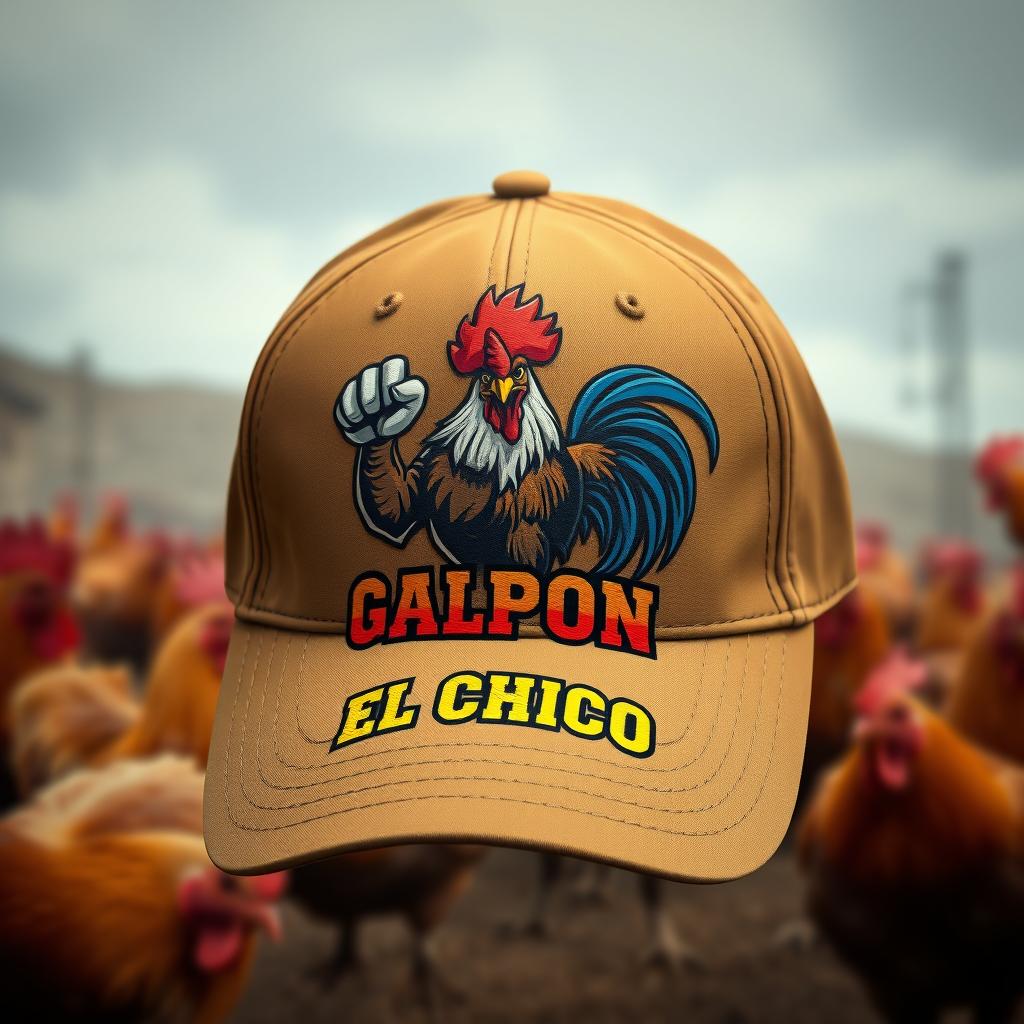 A baseball-style cap with a fighting rooster (gallo de pelea) aggressively posed on the front, dynamic and vivid