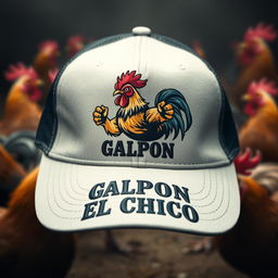 A baseball-style cap with a fighting rooster (gallo de pelea) aggressively posed on the front, dynamic and vivid