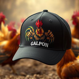 A baseball-style cap with a fighting rooster (gallo de pelea) aggressively posed on the front, dynamic and vivid