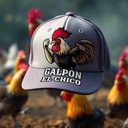 A baseball-style cap with a fighting rooster (gallo de pelea) aggressively posed on the front, dynamic and vivid