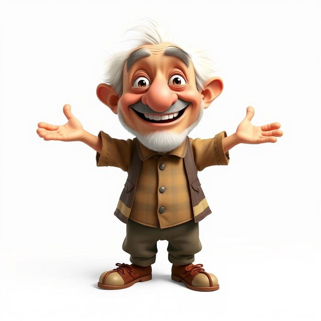 a cartoon character of an old and funny man with a realistic appearance, standing with legs and arms wide open, white background, front view