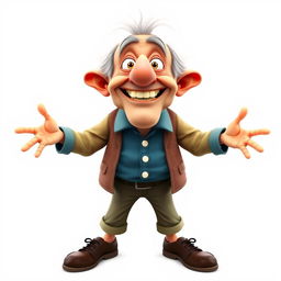 a cartoon character of an old and funny man with a realistic appearance, standing with legs and arms wide open, white background, front view