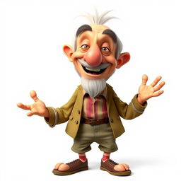 a cartoon character of an old and funny man with a realistic appearance, standing with legs and arms wide open, white background, front view