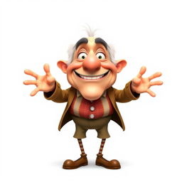 a cartoon character of an old and funny man with a realistic appearance, standing with legs and arms wide open, white background, front view