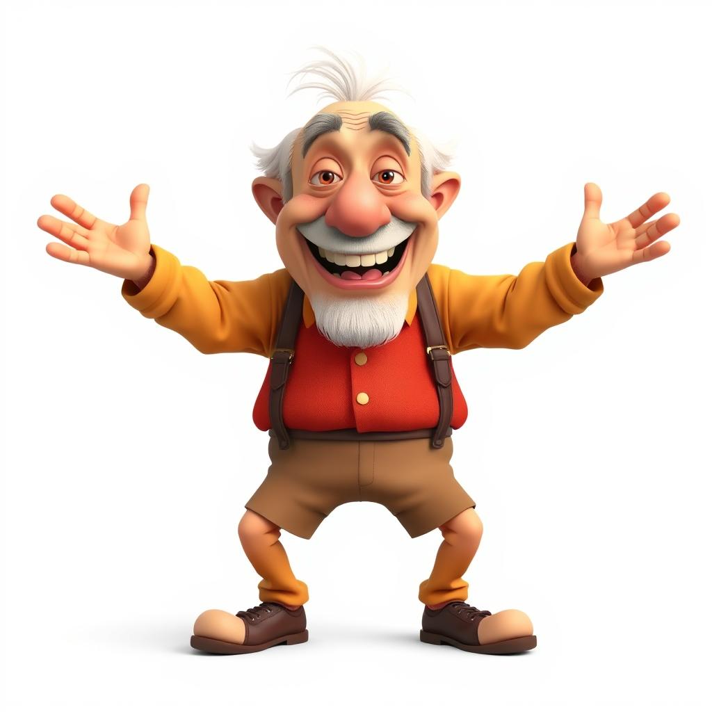 a cartoon character of an old and funny man with a realistic appearance, standing with legs and arms wide open, white background, front view