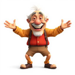 a cartoon character of an old and funny man with a realistic appearance, standing with legs and arms wide open, white background, front view