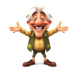 a cartoon character of an old and funny man with a realistic appearance, standing with legs and arms wide open, white background, front view