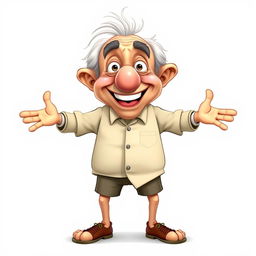 a cartoon character of an old and funny man with a realistic appearance, standing with legs and arms wide open, white background, front view