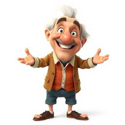 a cartoon character of an old and funny man with a realistic appearance, standing with legs and arms wide open, white background, front view