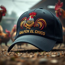 A baseball style cap with a detailed embroidery of a fighting cock in a dynamic and aggressive pose on the front