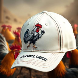 A baseball style cap with a detailed embroidery of a fighting cock in a dynamic and aggressive pose on the front