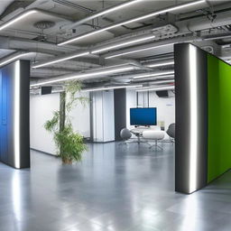 High-tech office design spanning 2500 sqft area, including a 20ft by 30ft video studio, dedicated seating areas for an IT department and a sales team, and an overall seating capacity of 40 employees