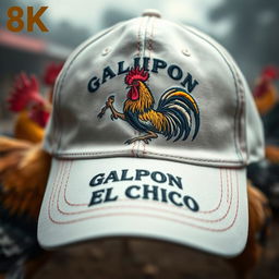 A baseball style cap with a detailed embroidery of a fighting cock in a dynamic and aggressive pose on the front