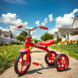 A vibrant, vintage-style tricycle with a bright red frame and shiny silver handlebars