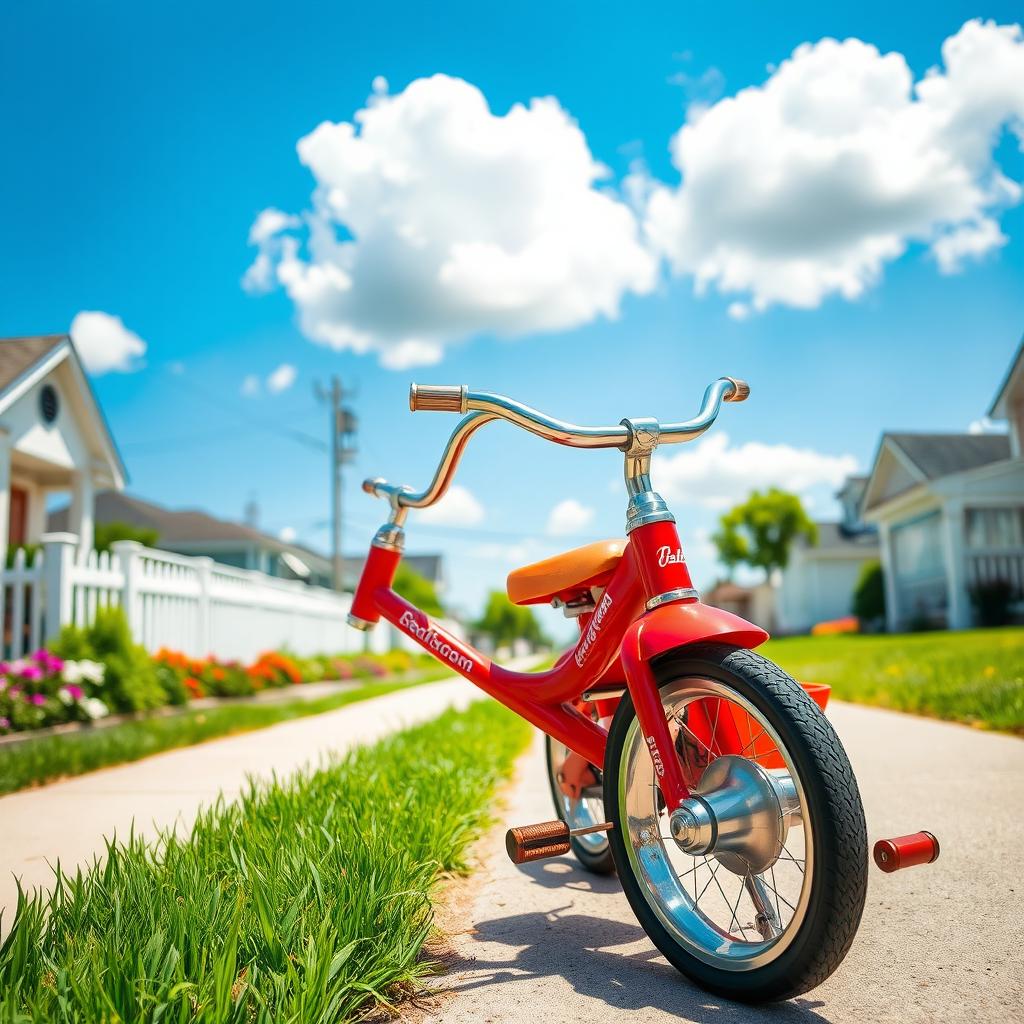 A vibrant, vintage-style tricycle with a bright red frame and shiny silver handlebars