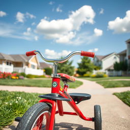 A vibrant, vintage-style tricycle with a bright red frame and shiny silver handlebars