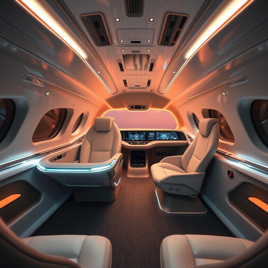 futuristic business class sedan, sleek and aerodynamic design, featuring cutting-edge technology, minimalistic interior with luxe materials, integrated AI systems, ultra-modern LED lighting, chrome accents, adaptive suspension, advanced aerodynamics, eco-friendly engine, smart glass windows, spacious interior with reclining seats, digital dashboard