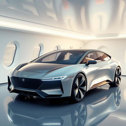 futuristic business class sedan, sleek and aerodynamic design, featuring cutting-edge technology, minimalistic interior with luxe materials, integrated AI systems, ultra-modern LED lighting, chrome accents, adaptive suspension, advanced aerodynamics, eco-friendly engine, smart glass windows, spacious interior with reclining seats, digital dashboard