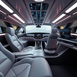 futuristic business class sedan, sleek and aerodynamic design, featuring cutting-edge technology, minimalistic interior with luxe materials, integrated AI systems, ultra-modern LED lighting, chrome accents, adaptive suspension, advanced aerodynamics, eco-friendly engine, smart glass windows, spacious interior with reclining seats, digital dashboard