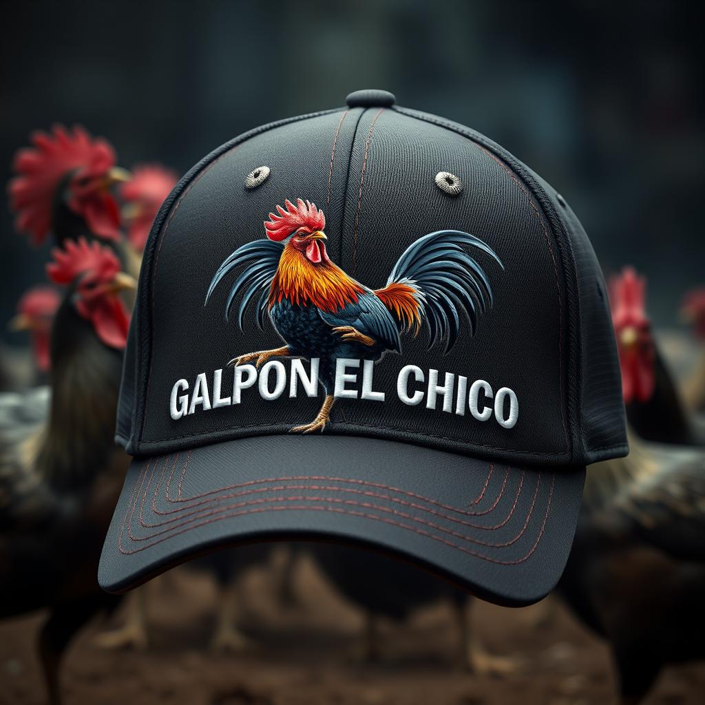 A baseball-style cap showcasing a fighting rooster (gallo de pelea) in mid-action on the front, crafted from high-quality materials