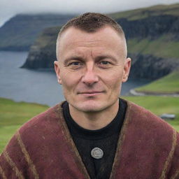 A portrait of a traditional Faroese person dressed in native clothing, with well-defined facial features, standing against the scenic backdrop of the Faroe Islands.