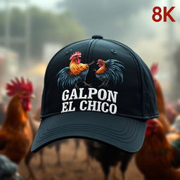 A baseball-style cap showcasing a fighting rooster (gallo de pelea) in mid-action on the front, crafted from high-quality materials