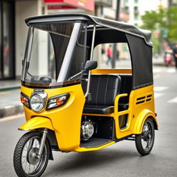 A modern, custom-designed tricycle with a striking yellow paint job and black upholstery seats