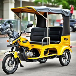 A modern, custom-designed tricycle with a striking yellow paint job and black upholstery seats