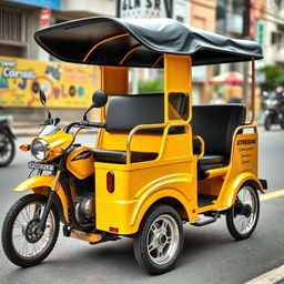 A modern, custom-designed tricycle with a striking yellow paint job and black upholstery seats