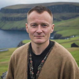 A portrait of a traditional Faroese person dressed in native clothing, with well-defined facial features, standing against the scenic backdrop of the Faroe Islands.